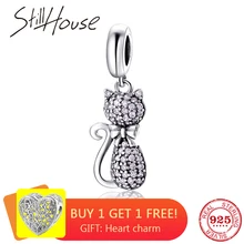 DIY Серебряный Шарм подходит к оригинальному браслету Pandora бусины 925 пробы серебро любовь болтаются талисманы розовый сверкающий CZ элегантный бусина "Кошка"