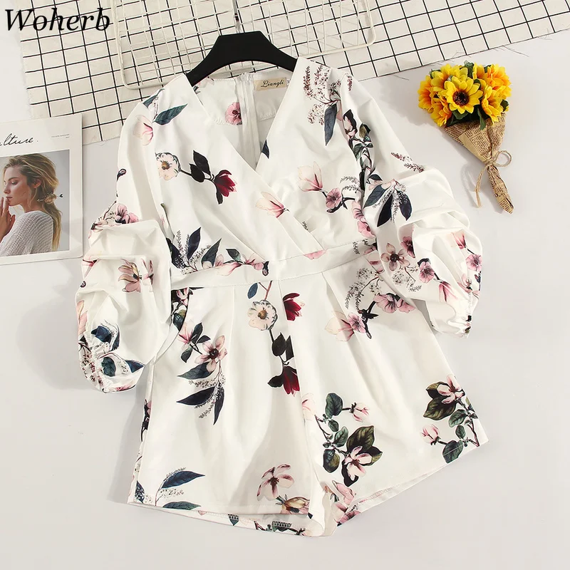 

Woherb Elegant Rompers Women Jumpsuit V Neck Lantern Sleeve Playsuits Spring Summer Overalls Floral Wide Leg Short Jumpsuits