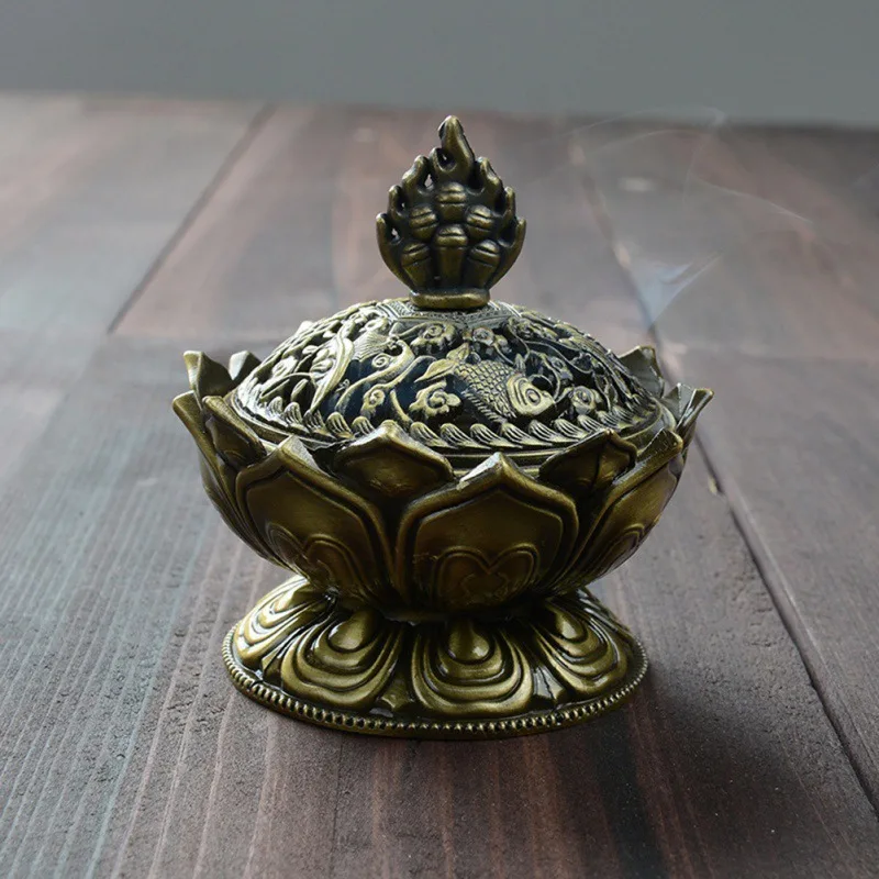 Chinese Buddhist Censer Lotus Flower Alloy Incense Burner Incense