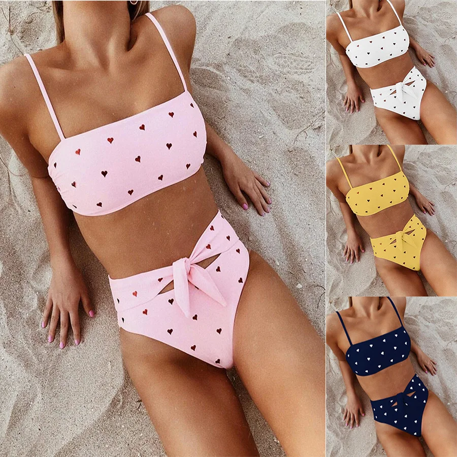 

Heart Printed Cute Bikini Set 2019 New High Wasit Bandage Swimwear Women Bathing Suit Swimsuit Push Up Padded Biquini Beachwear