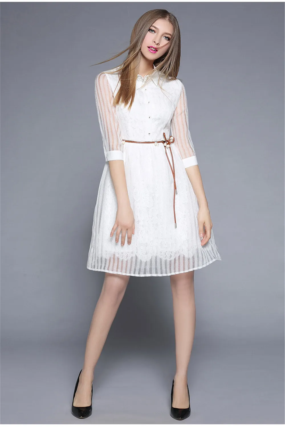 Fashion White Sweet Dress 2017 Summer&Autumn High Quality Chiffon Half Sleeve Casual Party Dress Hollow out Sashes Pearl Vestido (3)