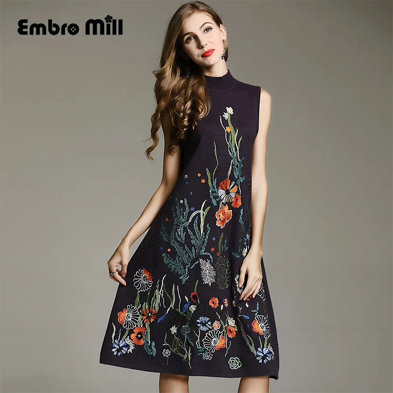 

Chinese traditional clothing women black/red Cashmere knit dress winter vintage floral embroidery elegant beautiful dress