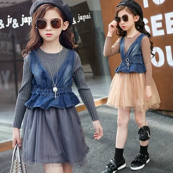 

Girl long sleeve knitted dress korean fashion children denim vest dress mesh splicing patchwork clothes korean fashion kids YY71