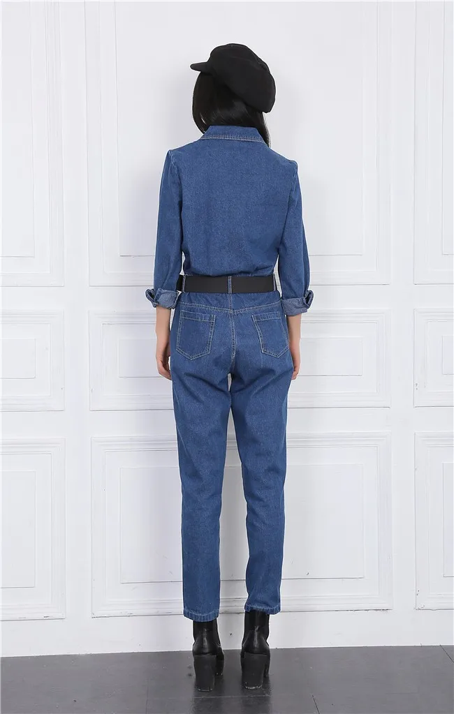 Sokotoo Женская мода Длинный рукав джинсовые комбинезоны Дамская Высокая талия рваные джинсы с поясом