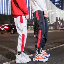 2019 Mens Streetwear Sweatpants Male Cargo Pants Patchwork Side Striped Straight Joggers Pants Men Harajuku Urban Pants Loose