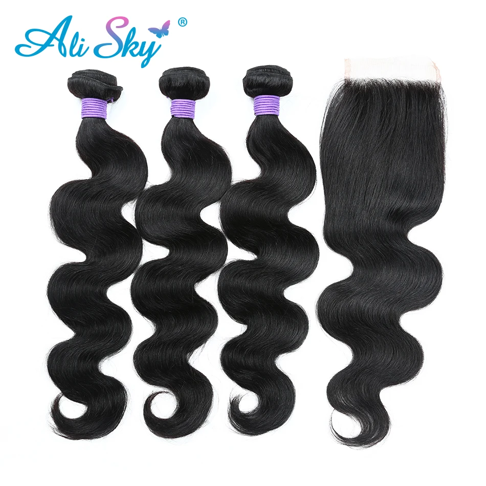 Malaysian Body Wave 3bundles deal with 1pc 4x4 Top Lace Closure [Ali Sky] Freeshipping Hair weaving Non Remy natural black body-wave