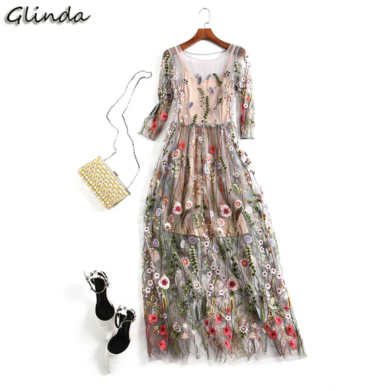 

Summer casual shirt Beach Long Dress Women Mesh Embroidery Floral Dress female Sexy Club Evening Party Dresses festival