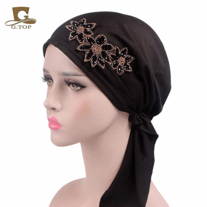 

New Fashion Beaded Flower Stretchy Pre-Tied Head Scarf Head Wrap Scarves Chemo Cap Women Turban Hair Loss Bandana Lady Turbante