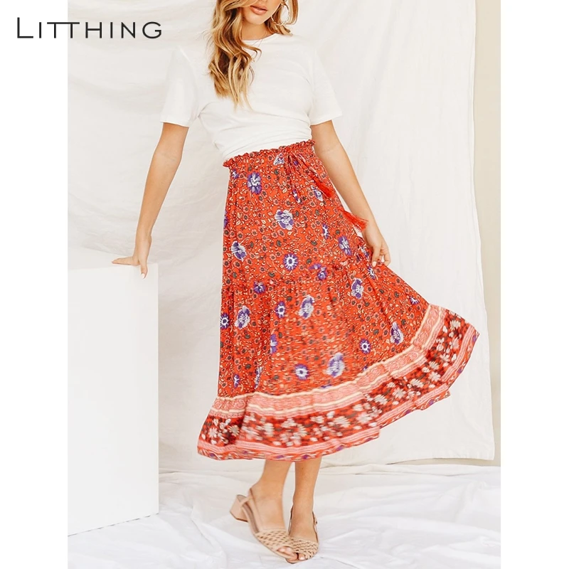 

LITTHING 2019 Fashion Ruffled Women Skirt Pleated Skirts High Waist Chiffon Long Skirt Floral Print Skirt Summer Midi Tutu Skirt