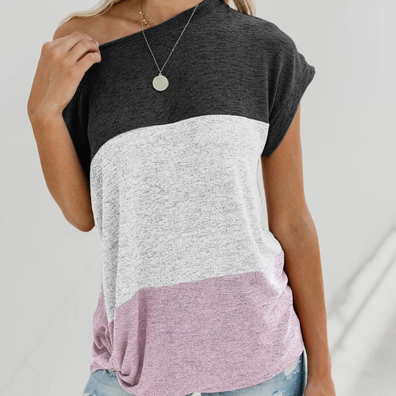 

Summer Section Contrast Color Stitching O Neck Short Sleeve Twisted Hem T Shirt Casual Loose Women's Clothing Fashion