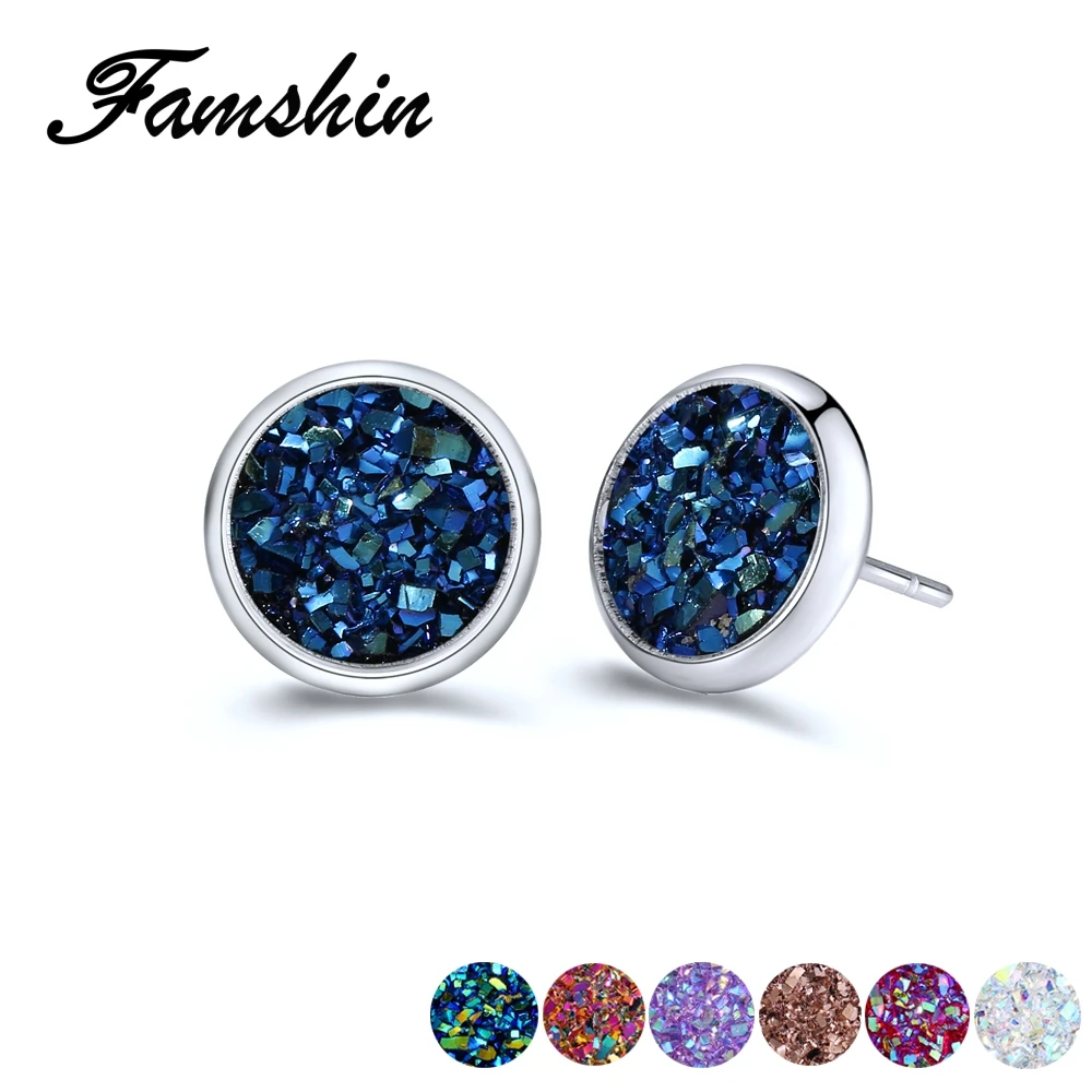 

FAMSHIN Fashion Holographic Round Stud Earrings Multicolor Piercing DIY Pattern Stainless steel Earring For Women Bijoux Jewelry