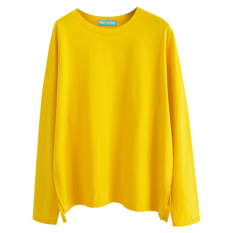 Mooirue Весна Осень Harajuku Повседневная футболка тонкая круглый вырез длинный рукав хлопок базовая футболка женский желтый черный пуловер