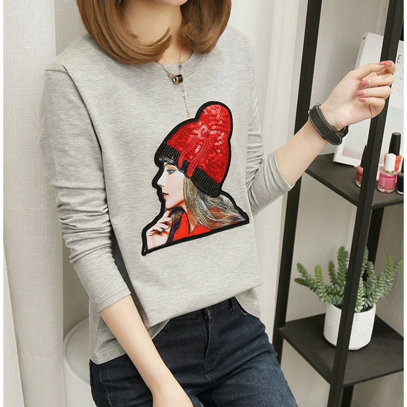 

Camisa Feminina T Shirt Women Autumn Tshirt Women Tee Shirt Femme Kawaii Top Sequined T-Shirt Korean Ladies Clothes H0253
