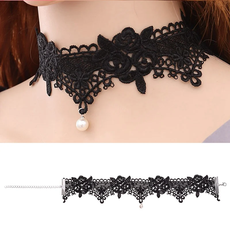 

New Fashion Gothic Black White Wedding Jewelry Hollow Out Rose Flower Simulated Pearl Embroidery Lace Choker For Women