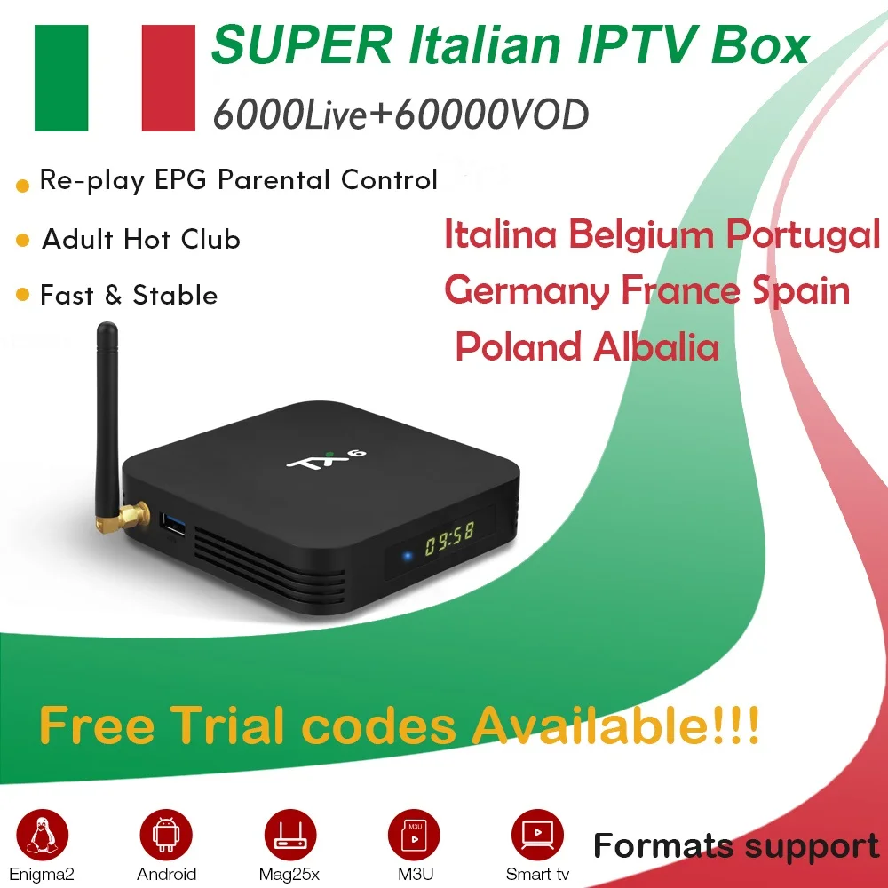 

TX6 Android 9.0 TV Box 4G/32G Dual WiFi 2.4G/5G 4K HD BlueTooth+1 Year Free Super Italy IPTV German UK IPTV Europe Adult IPTV