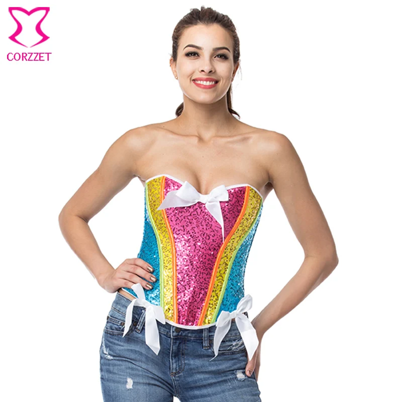 

Rainbow Sequin Corset Sexy Bustier Corselet Overbust Waist slimming Corpetes E Espartilhos Gothic Clothing Burlesque Costumes