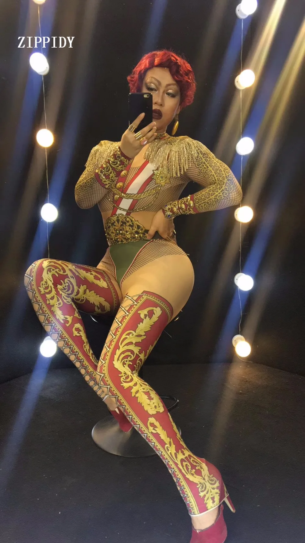 Военная форма сексуальное боди цельный костюм певица этап одежда кисточкой Epalates комбинезон Одежда для танцев вечерние Стретч Обнаженная наряд