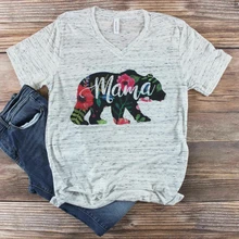 Женская футболка большого размера с v-образным вырезом и коротким рукавом, летняя футболка с цветочным принтом «Мама Медведь», повседневная женская футболка, женские топы, модная футболка 3XL