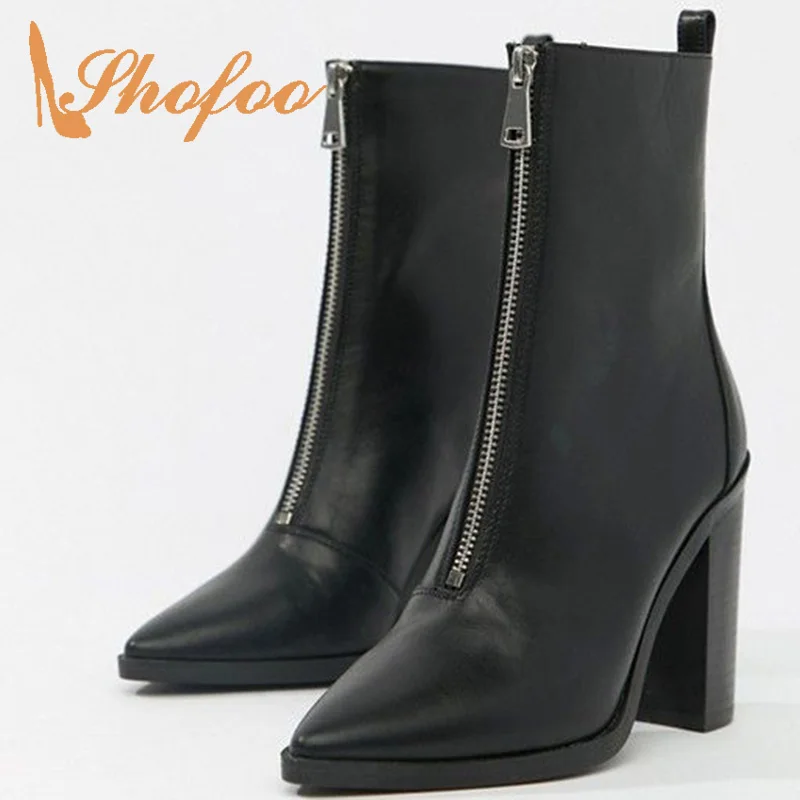 

Black Pointed Toe Ankle Boots Woman High Chunky Heels Zippers Small Size 33 39 Ladies Spring Autumn Shoes Footwear Mature Casual