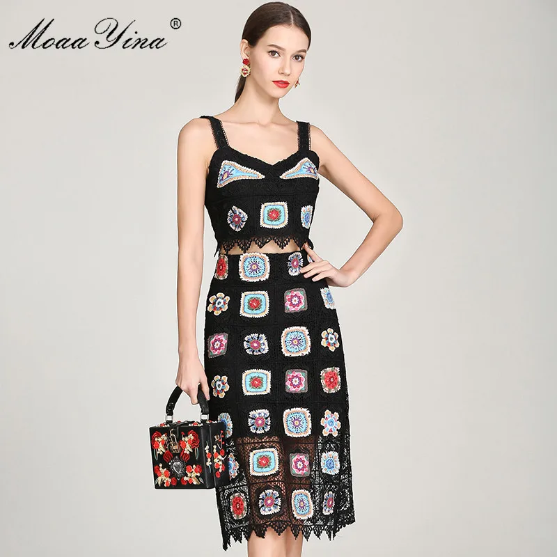 MoaaYina модный дизайнерский комплект летний женский сексуальный спагетти ремень черный кружевной топ + клетчатая аппликация миди юбка костюм