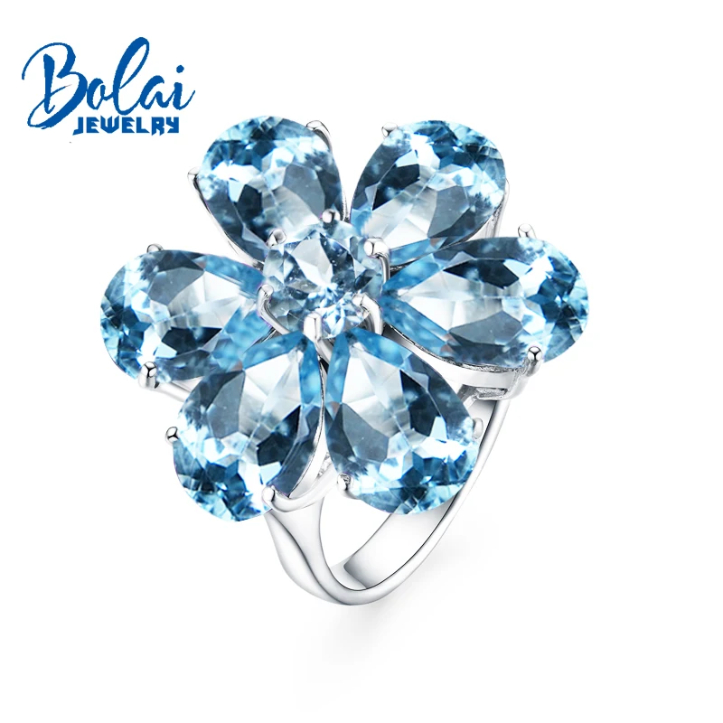 Bolaijewelry, большой цветок Элитная голубой топаз Драгоценное кольцо серебра 925 ювелирных украшений для женщин-летию вечерние Рождественский