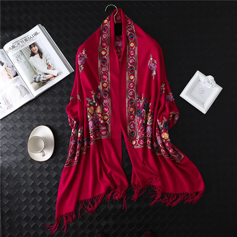 Дизайнерский брендовый женский шарф, зимние кашемировые шарфы, женские шали и палантины, женское одеяло, пашмины шарфы с вышивкой - Цвет: WJ60-wine