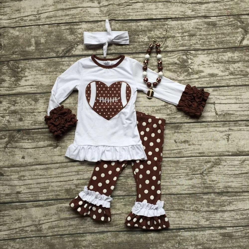 2016 Football clothes Fall suit baby girls brown boutique pants polka dot long sleeves heart with