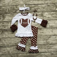 2016 Football clothes Fall suit baby girls brown boutique pants polka dot long sleeves heart with