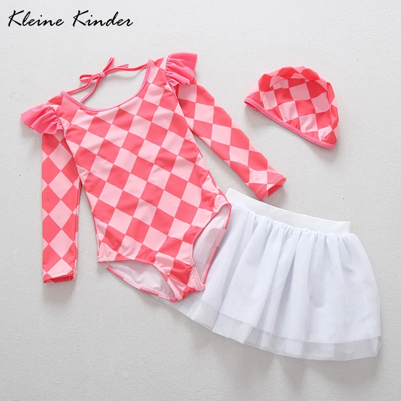 

girls swimsuit long sleeve one piece bathing suits with skirt and cap checkered plaids low back sexy girl's bikini swimming suit