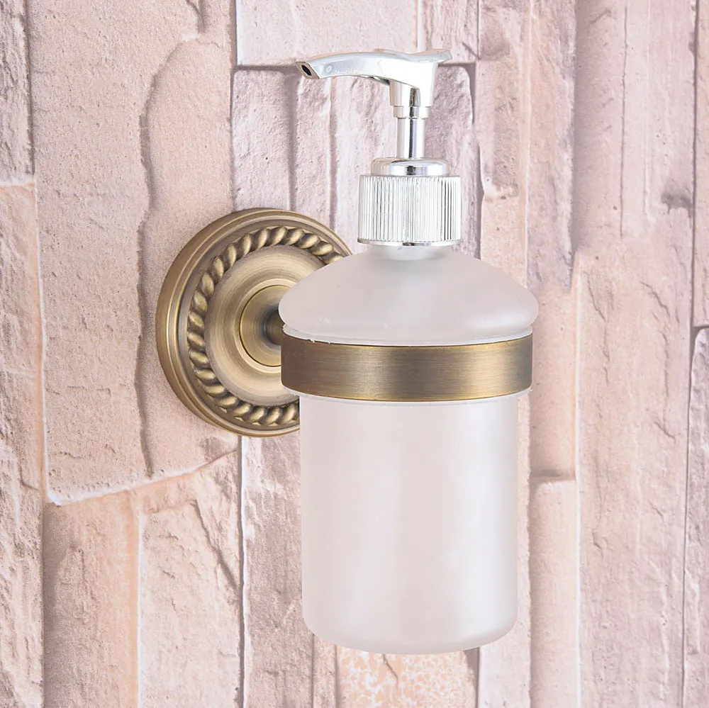 Antique Brass Bathroom and Kitchen Glass bottle liquid Soap Dispenser Wall Mounted Soap dispensers Holder rack mba262