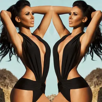 

Sexy Women's One-Piece Suits Swimsuit Solid Black Deep V Neck Swimwear Bathing Push Up Padded Bikini Summer Women Beachwear