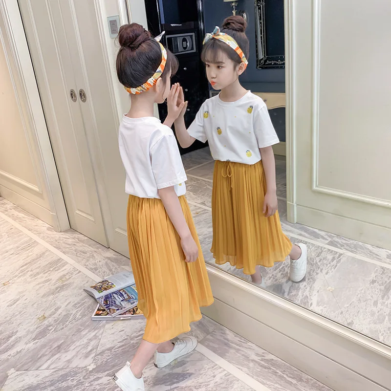 

Girls Sets 2019 Summer Teenage Girls Clothing Fashion Pineapple Print T-shirt+Crumpled Skirt Teenagers Suit Children Clothes Set
