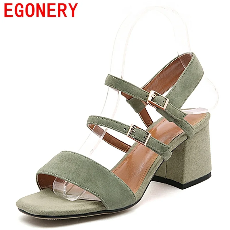 

EGONERY real leather sandals woman 2018 summer new style kid suede fashion high heels women shoes solid color party sandals 42cn
