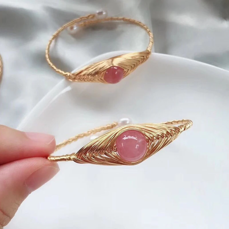 

Genuine JoursNeige Gold with Pink Blue Natural Stone Bangles Pearl Beads Lucky For Women Girl Bracelets Wealthy Jewelry