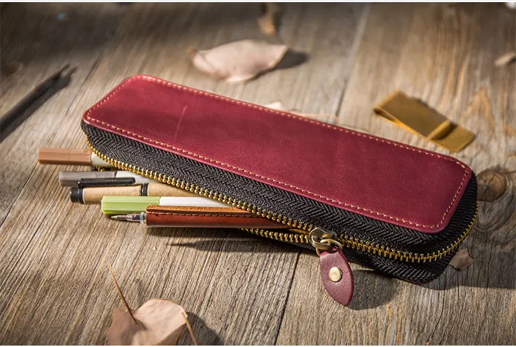 Camada de Couro Couro com Zíper tipo Simples Saco do Estilo Caixa de Lápis Saco dos Artigos de Papelaria Papelaria para Caneta Primeira Genuíno Caneta Retro para Caneta Tinteiro 19 Estojo de lápis