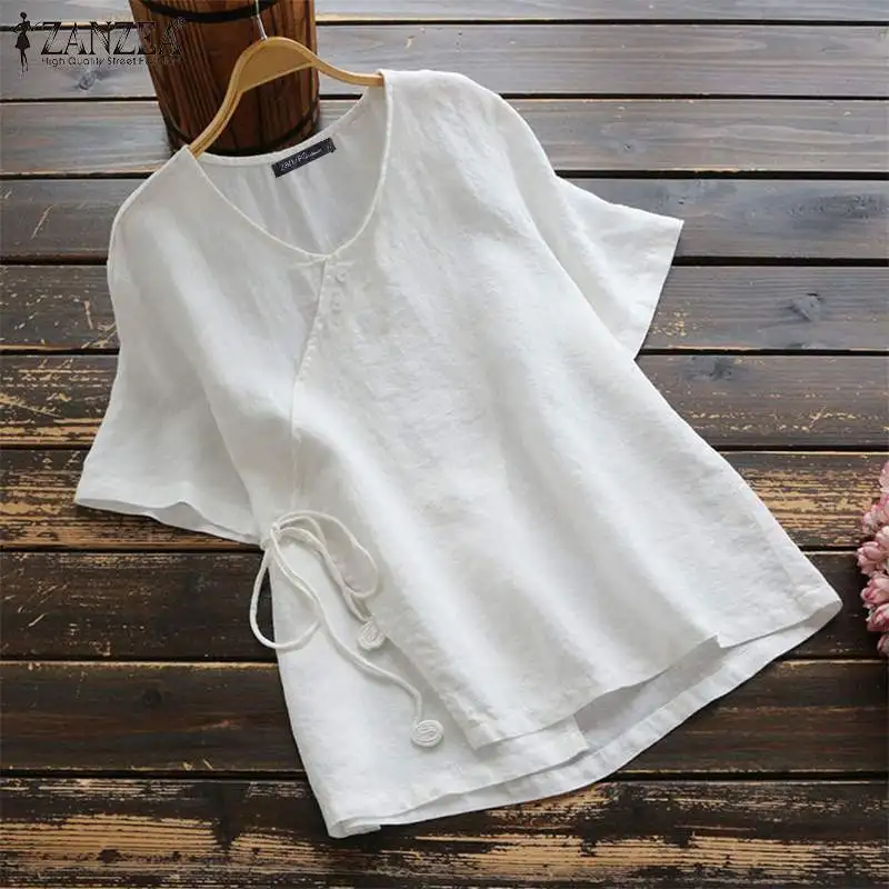 

2019 Summer ZANZEA Plus Size Women Short Sleeve Blouse Vintage Lace Up Tunic Tops Ladies Cotton Linen Solid Blusas Casual Shirts