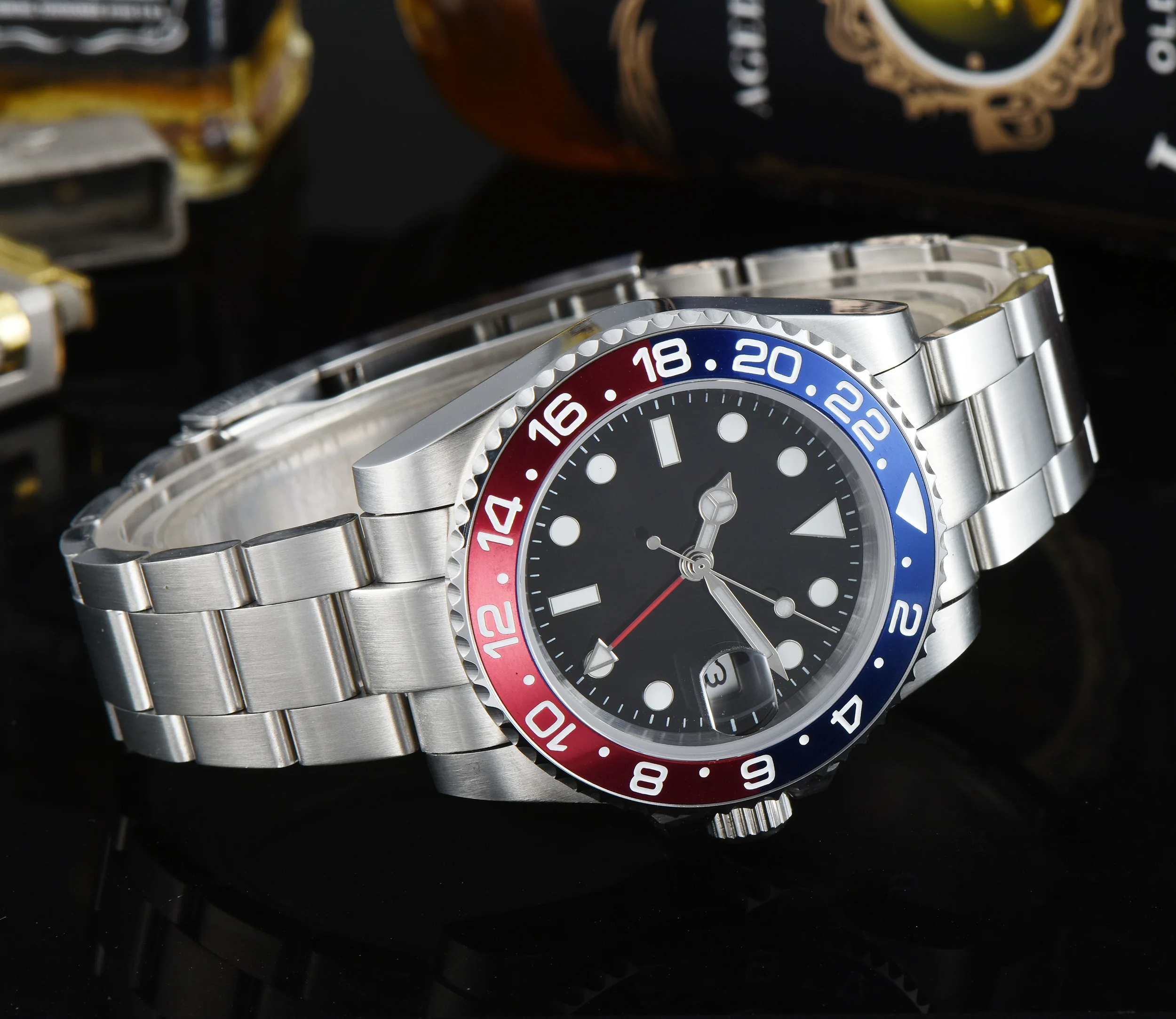 GMT часы 2019 подарок 40 мм черный циферблат светящийся знак стальной ремешок