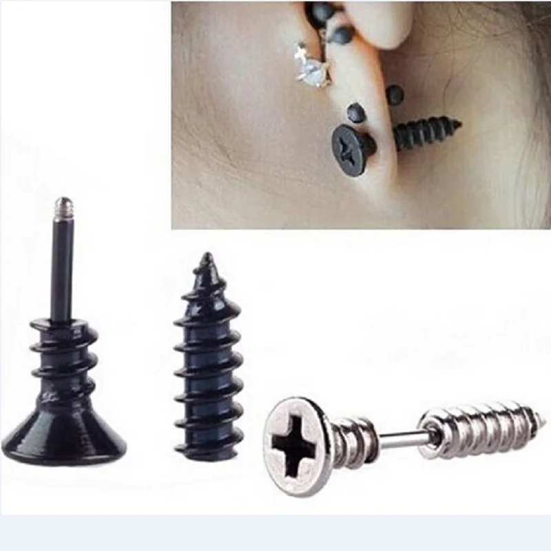 PC punk fashion simple black and gold plated stainless screw nail earring for women and men