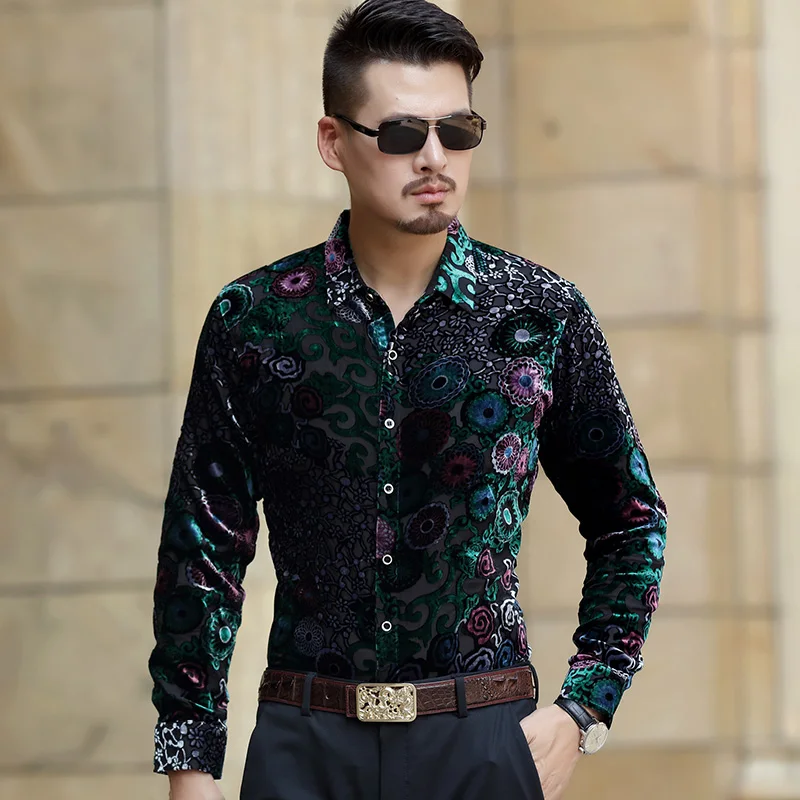 Floral Shirts Male Velvet Formal Men 