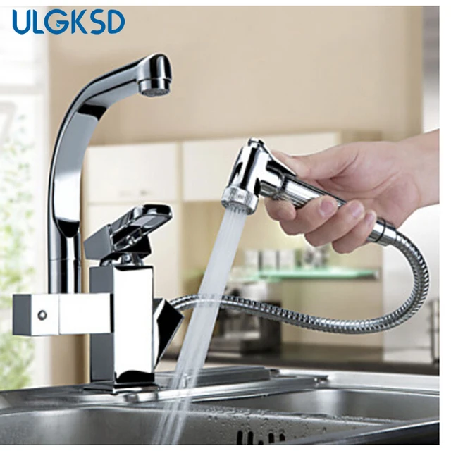 Special Price Ulgksd Chrome Brass Kitchen Faucet Pull Out Head Vessel Sink Faucet Single Handle Two Types Outlet Water Mixer Tap