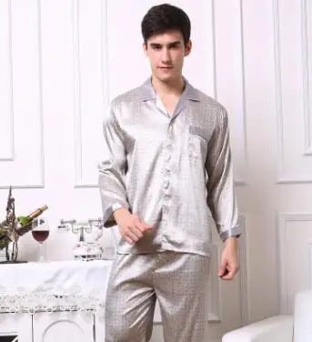 mens satin pajama set Men's Long Sleeve Silk Homewear Male Spring Summer Long Sleeves Pyjamas Lapel Handsome Luxurious Silk Nightwear 2pcs D-2183 soft cotton pyjamas Pajama Sets