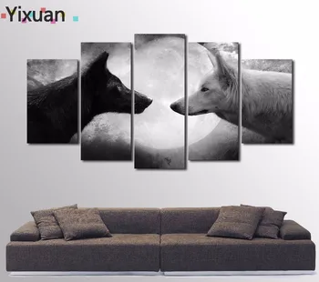 

5 Panels High Quality Frame Canvas Painting Black and white wolf Wall Art Painting Modern Home Decor Picture For Living Room