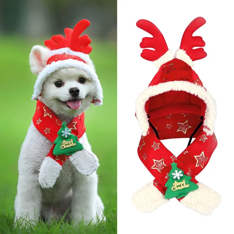 

High Quailty Pet Dogs Christmas Costume Accessories Red Hat and Scarf Set Removable Antler Hat
