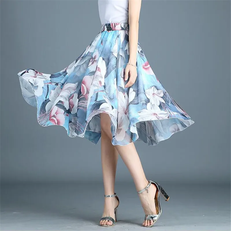 

Summer Spring Women Chiffon Floral Printing Midi Skirt Elastic Waist Pleated Skirt for Beach