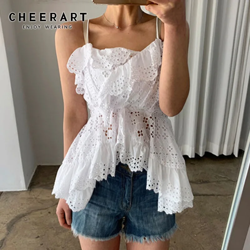 Женский Асимметричный топ на бретельках Cheerart белый женский короткий с оборками