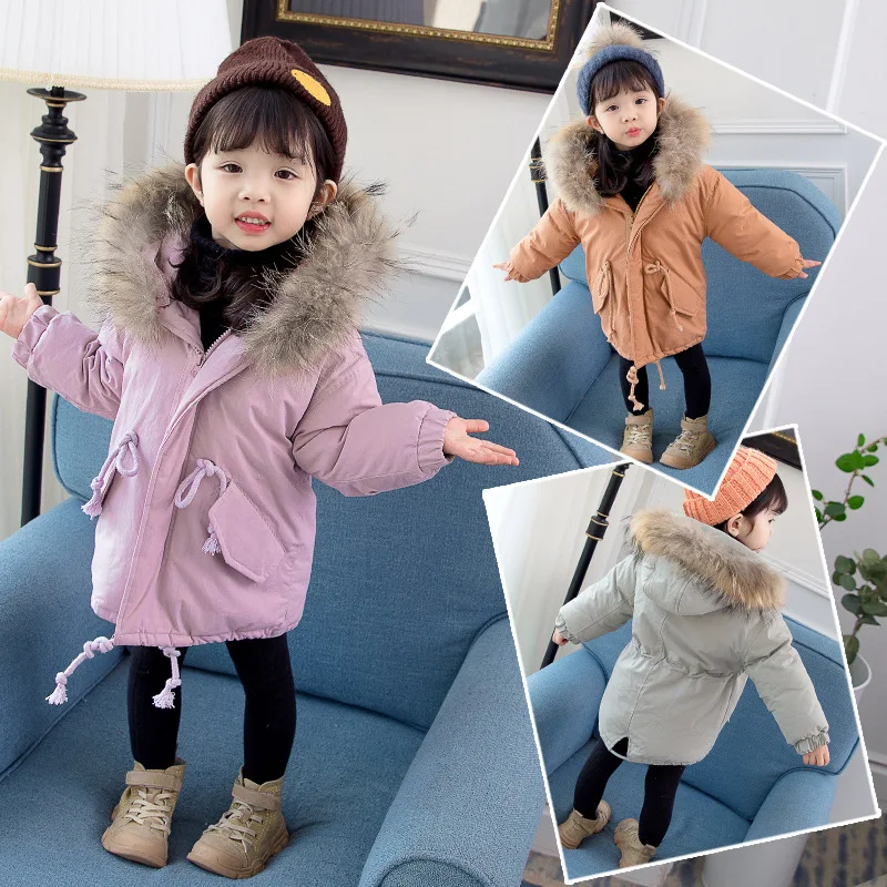 

Winter Girls Coat Jacket Fur Hooded Warm Plus Thick Children's Cotton-Padded Coat Zipper Big Pocket Girls Clothes Outwear 1-6Y