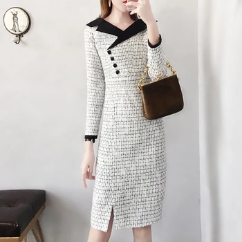 

2019 Spring New Tweed Dress Women Vintage Autumn Wool Dresses Women Elegant V Neck Long Sleeve Woolen Vestidos Female Slim Robes