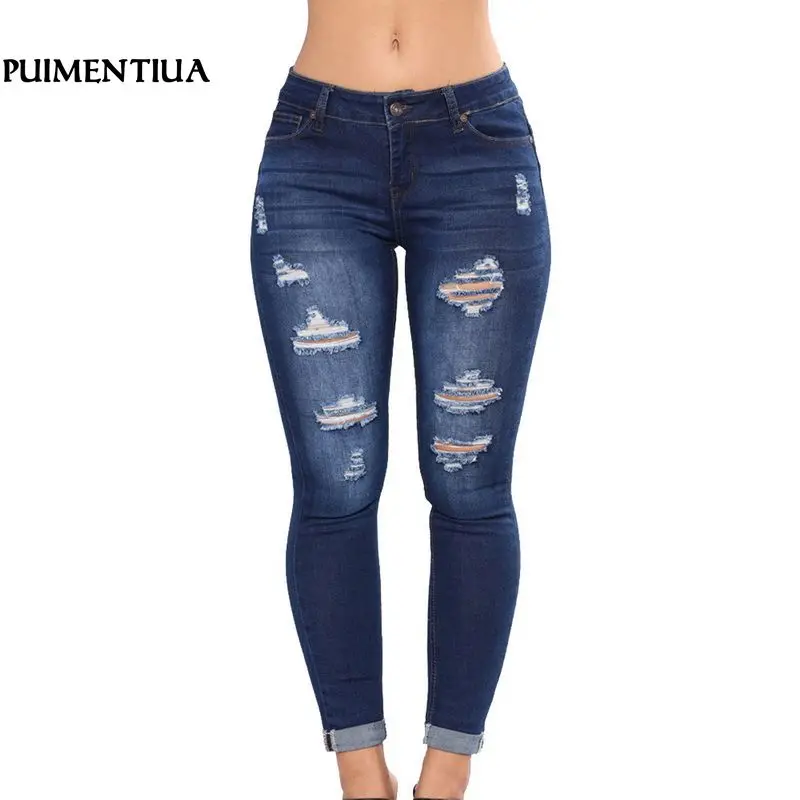 Puimentiua 2019 Women High Waist Casual Denim JeansSlim Plus Size Ripped Hole Long Jeans Denim Regular Pants Women Mom Jeans