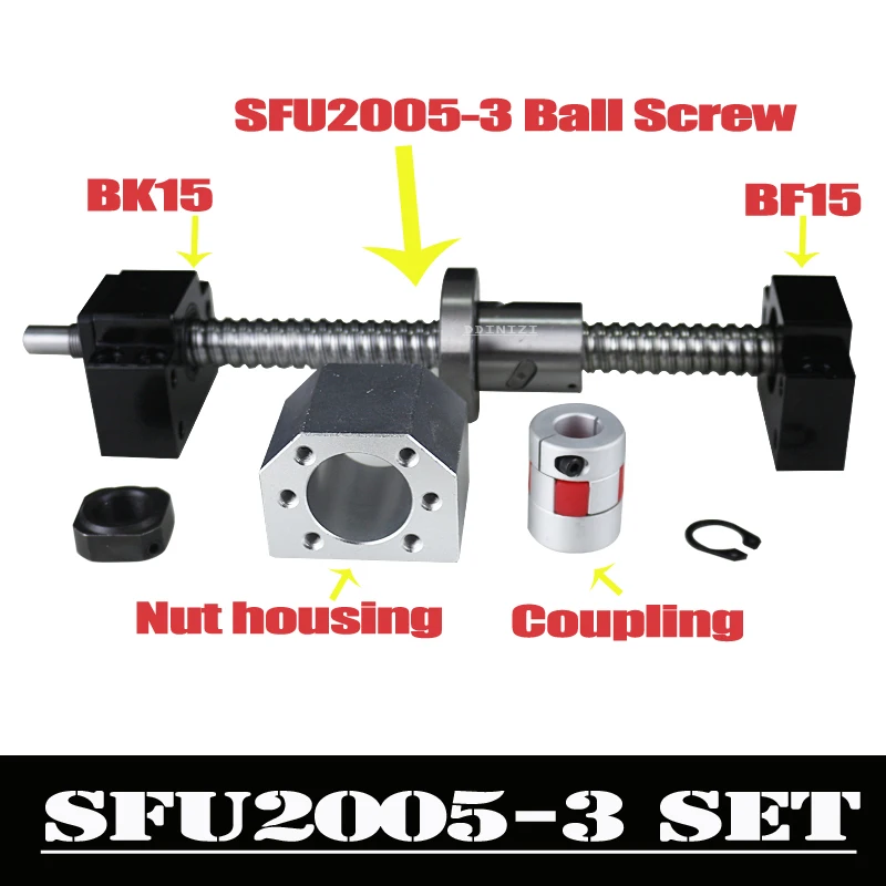 CNC husillo de bolas conjunto: 20 MM bola tornillo SFU2005 extremo mecanizado + RM2005 bola tuerca + BK15 BF15 final soporte + acoplador 6,35 x 12mm para 2005 - 1