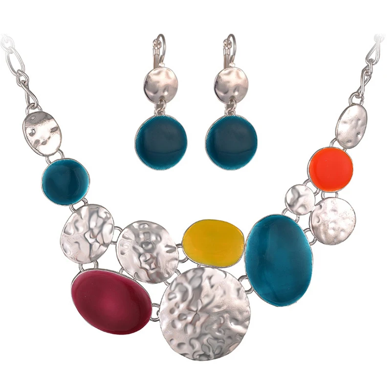 

Fashion Enamel Necklace Earrings Jewelry Sets For Women Silver Color Alloy Ethnic Female Choker Necklace Drop Earrings Set 2019